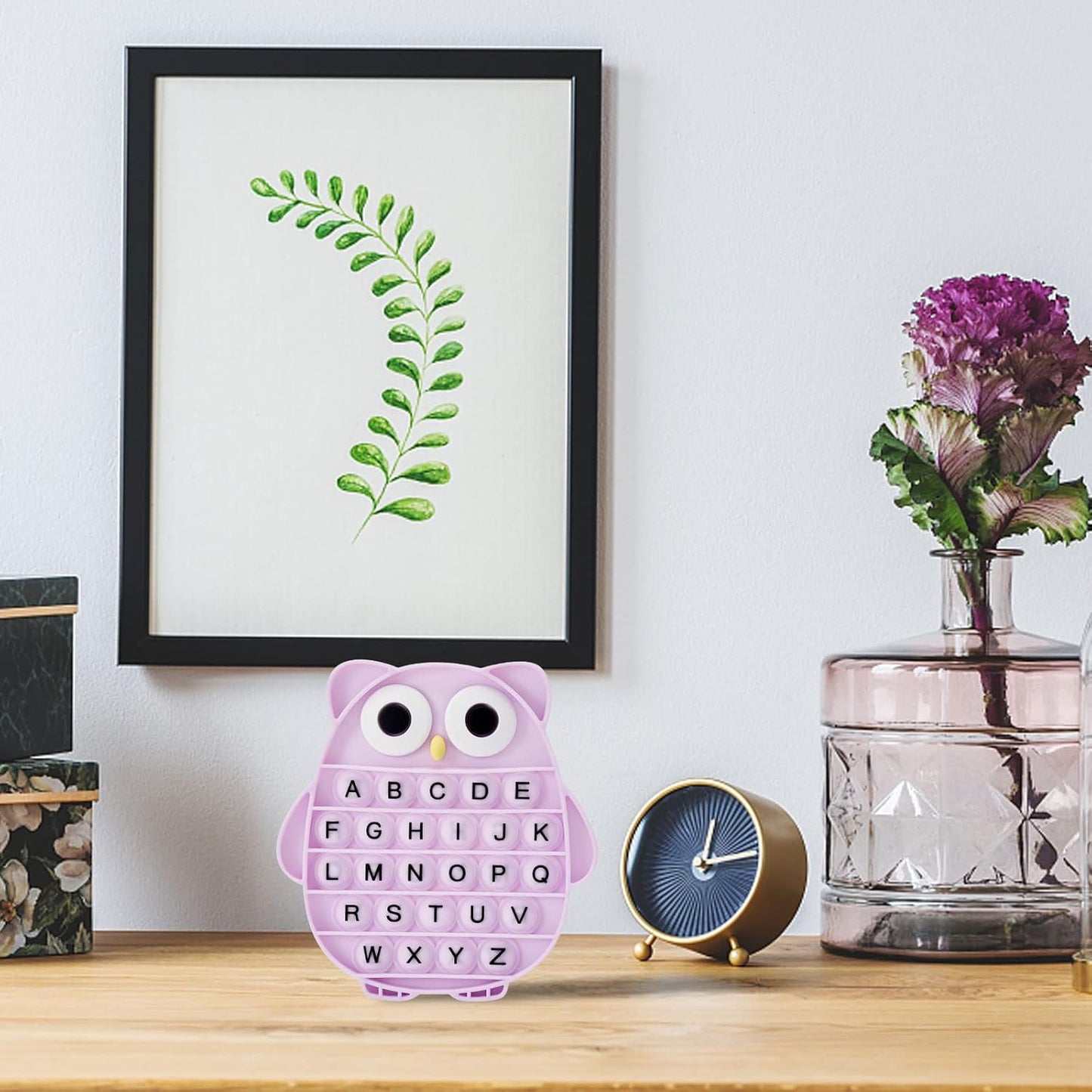 Push Pop Bubble Fidget Sensory Toy, Silicone Stress Relief Popping Toy, ABC Alphabet Owl Shaped Educational Learning Tools for Toddlers Kids Students (Black Letters-Purple)