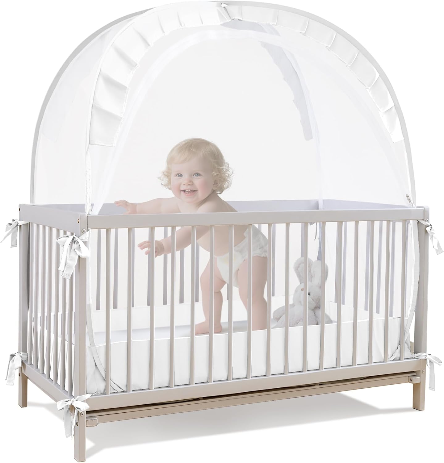 Lazyzzzz Baby Crib Tent - Pop Up Crib Canopy with Double Zipper Self-Locked,1200 Holes/Inch Mesh Crib Net to Keep Baby from Climbing Out, Portable Easy Install 55" L x 27" W x 51" H White