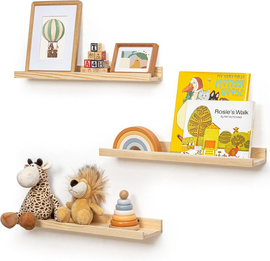 Picture Ledge Shelf for Wall, 24 inches Solid Pine Wood Nursery Book Shelves 3 Packs, Floating Ledge Shelves for Kids' Room Bedroom Bathroom Living Room Photo Frames Office Nursey Wall Decor, Natural