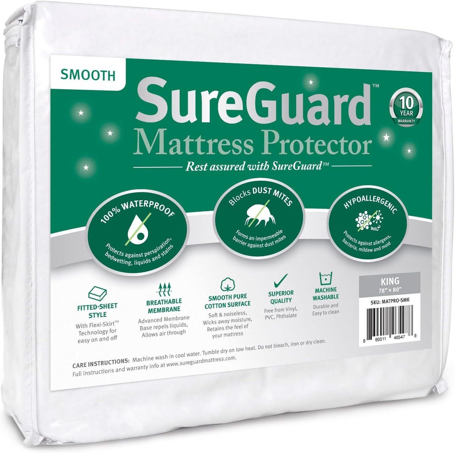 SureGuard King Size Mattress Protector - 100% Waterproof, Hypoallergenic - Premium Fitted Cotton Cover - Smooth