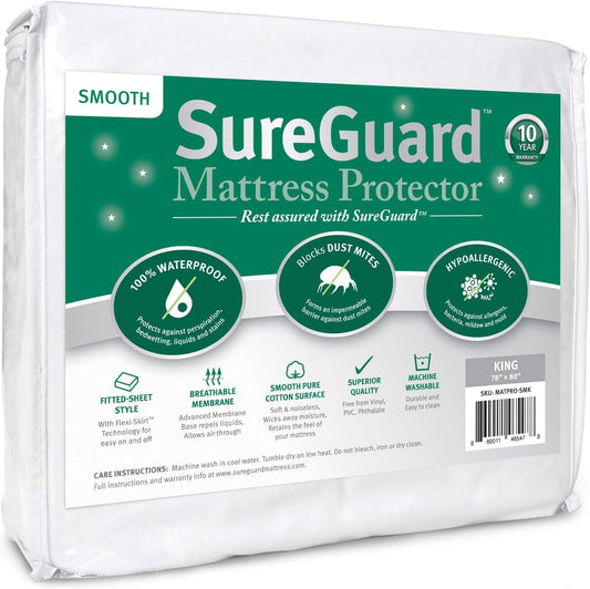 SureGuard King Size Mattress Protector - 100% Waterproof, Hypoallergenic - Premium Fitted Cotton Cover - Smooth