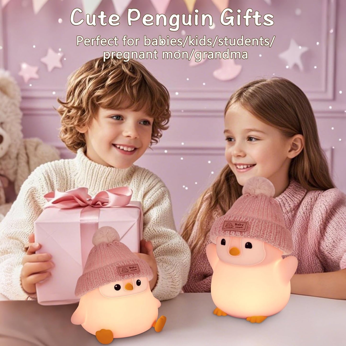 Penguin Night Light, Cute Pink Penguin Lamp with Knit Hat, Soft Silicone Nursery Nightlight for Baby, Rechargeable/Dimmable/Timer,LED Squishy Novelty Animal Bedside Lamp,Funny Gifts for Kids
