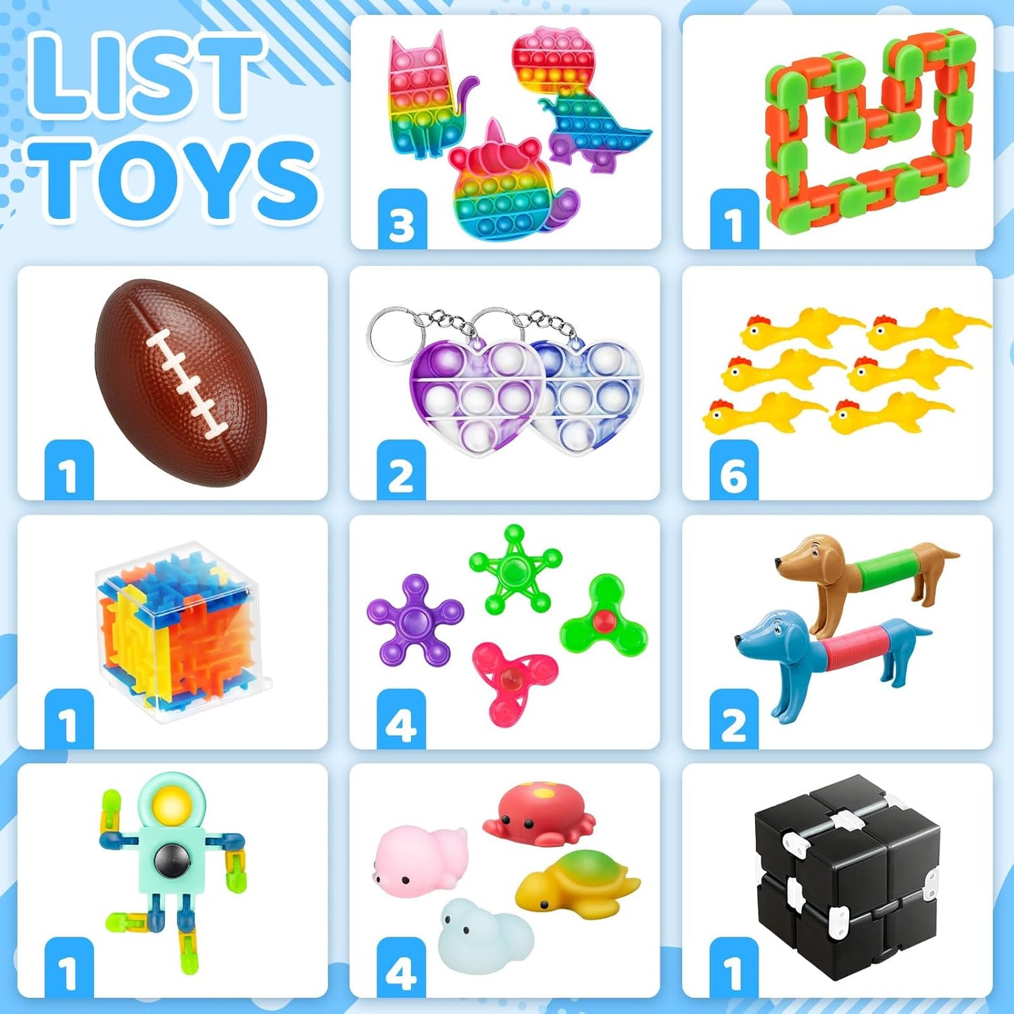 (100 Pcs) Fidget Toys Pack, Party Favors Stress Relief & Anxiety Relief Sensory Toy， Classroom Prizes Pinata Filler Treasure Box，Autistic ADHD Toys ，Stocking Stuffers Gifts for Kids Boys Girls Teens
