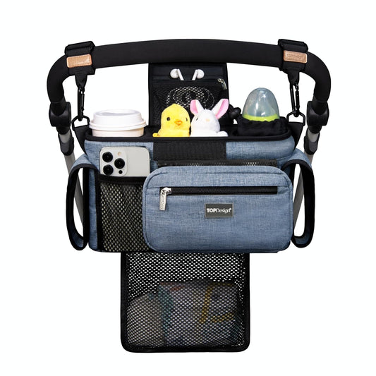 TOPDesign Universal Baby Stroller Organizer, Stroller Caddy with Detachable Mesh Bag & Heightened Insulated Cup Holders & Non-Slip Secure Hooks Accessories, Fits Most Strollers (Blue)