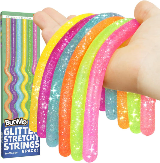 BUNMO Stretchy Strings - Sensory Toys for Toddlers 1-3 - Stimulating & Addictive Sensory Toys for Kids with Autism - Fidget Toy for Anxiety & Stress Relief - Hours of Fun for Kids - Glitter 6pk