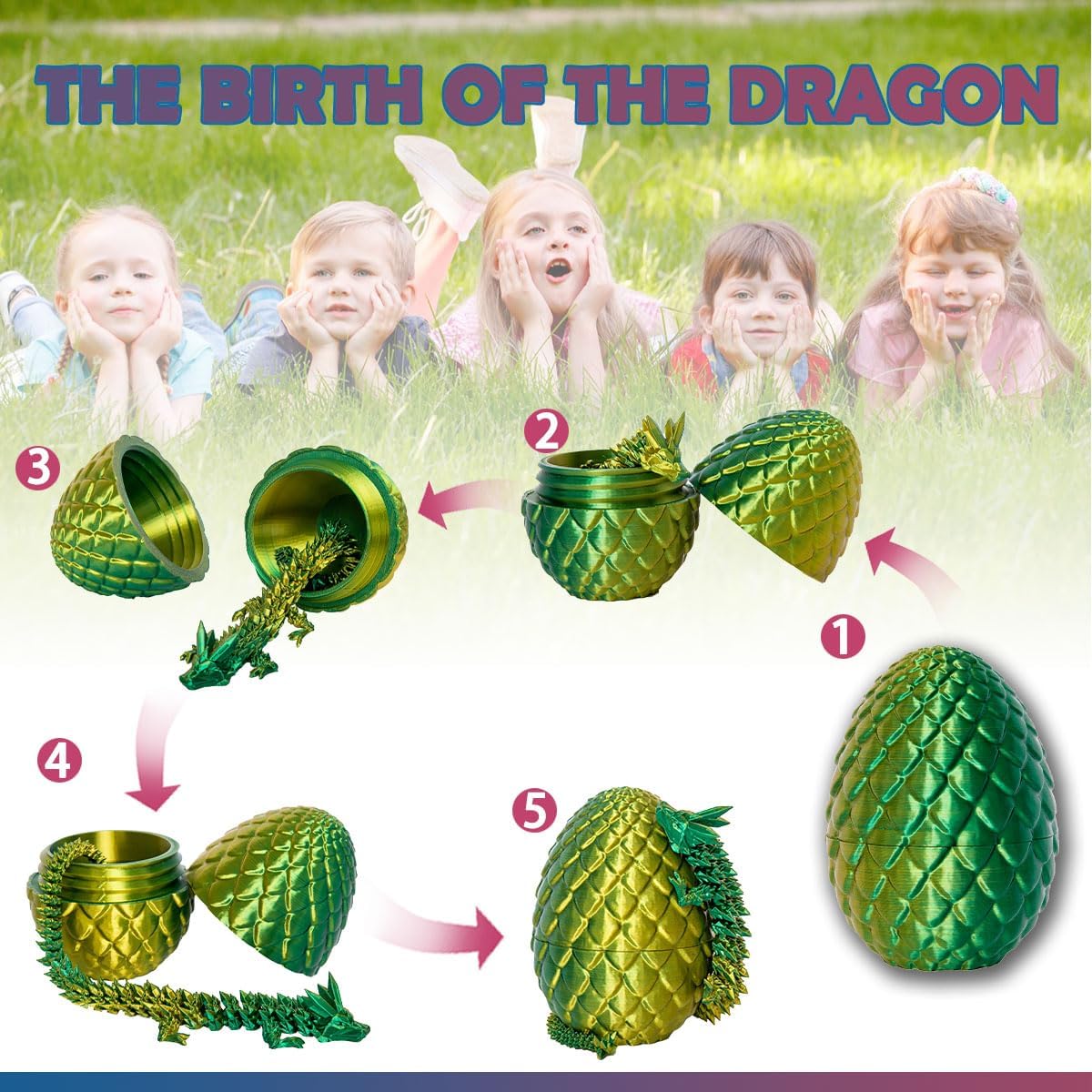 3D Printed Dragon Eggs with Dragon Inside, 12In Laser Gold Green Dragon Egg Fidget Toy, Executive Desk Articulated Dragon Toy, Home Office Decor