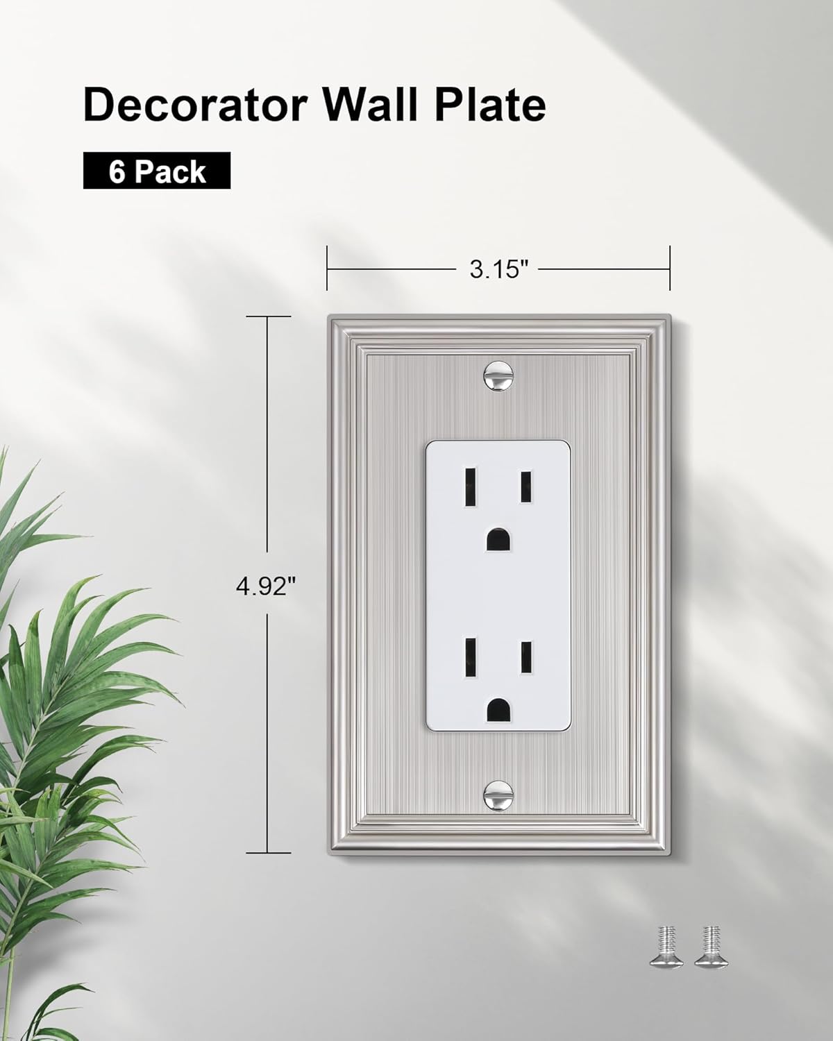 6-Pack Decorator Outlet Cover Plate, Brushed Nickel Decorative Switch Plates and Outlet Covers, Durable Zinc Alloy Wall Plates for Electrical Outlets, Receptacle, GFCI Outlet, Dimmer Switch