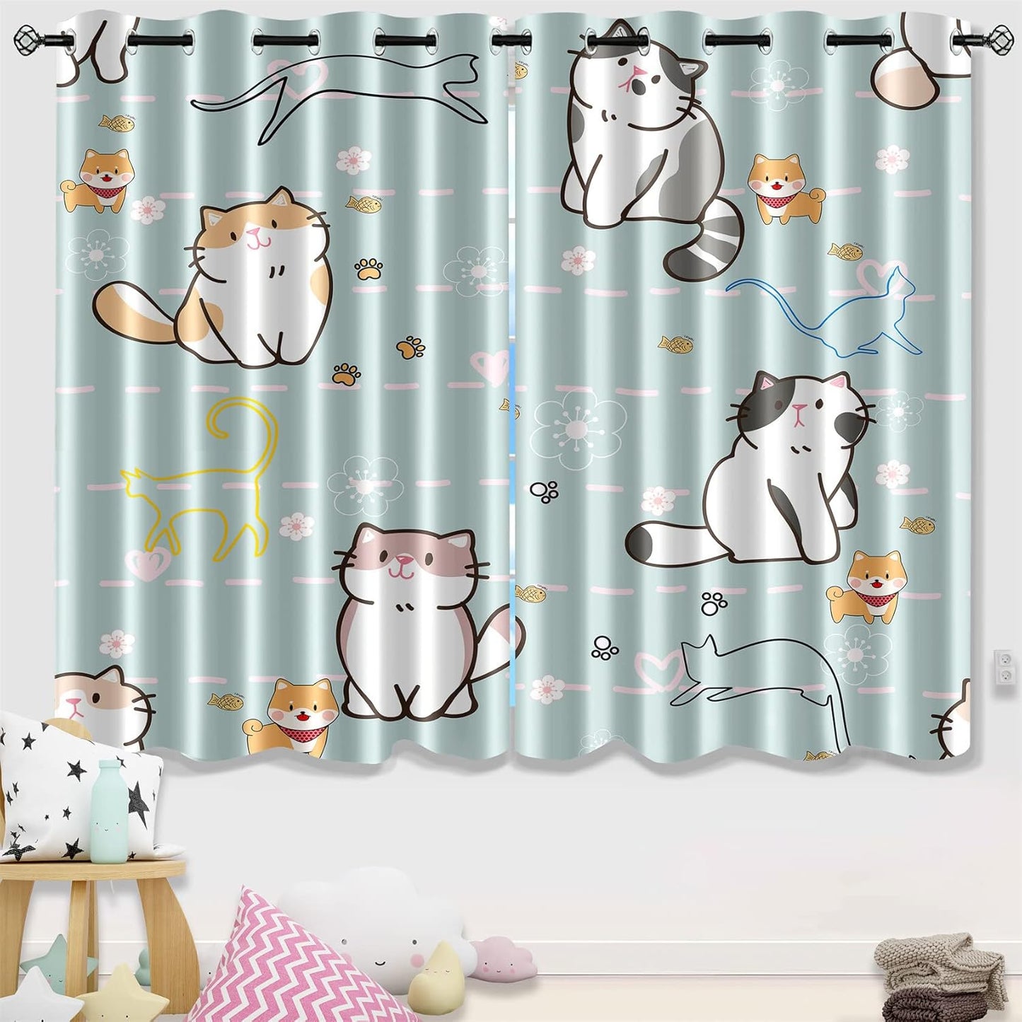 Lovely Cat Blackout Curtains 2 Panels 63" Inch Drapes for Kids Nursery Bedroom Kids Blackout Curtains Animal Themed Grommet Top Thermal Insulated Curtains for Nursery, 82 in x 63 in