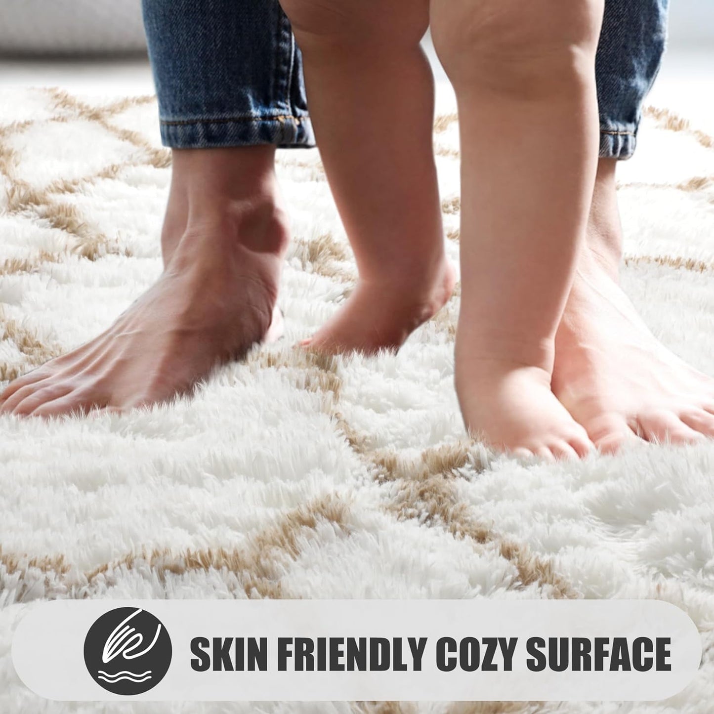 ONASAR 5x7 Area Rugs for Living Room Bedroom, Washable Fluffy White and Beige Faux Fur Bedside Rug, Geometric Boho Soft Plush Shaggy Floor Carpet Mat for Nursery Kids Girls Teen Dorm Home Decor