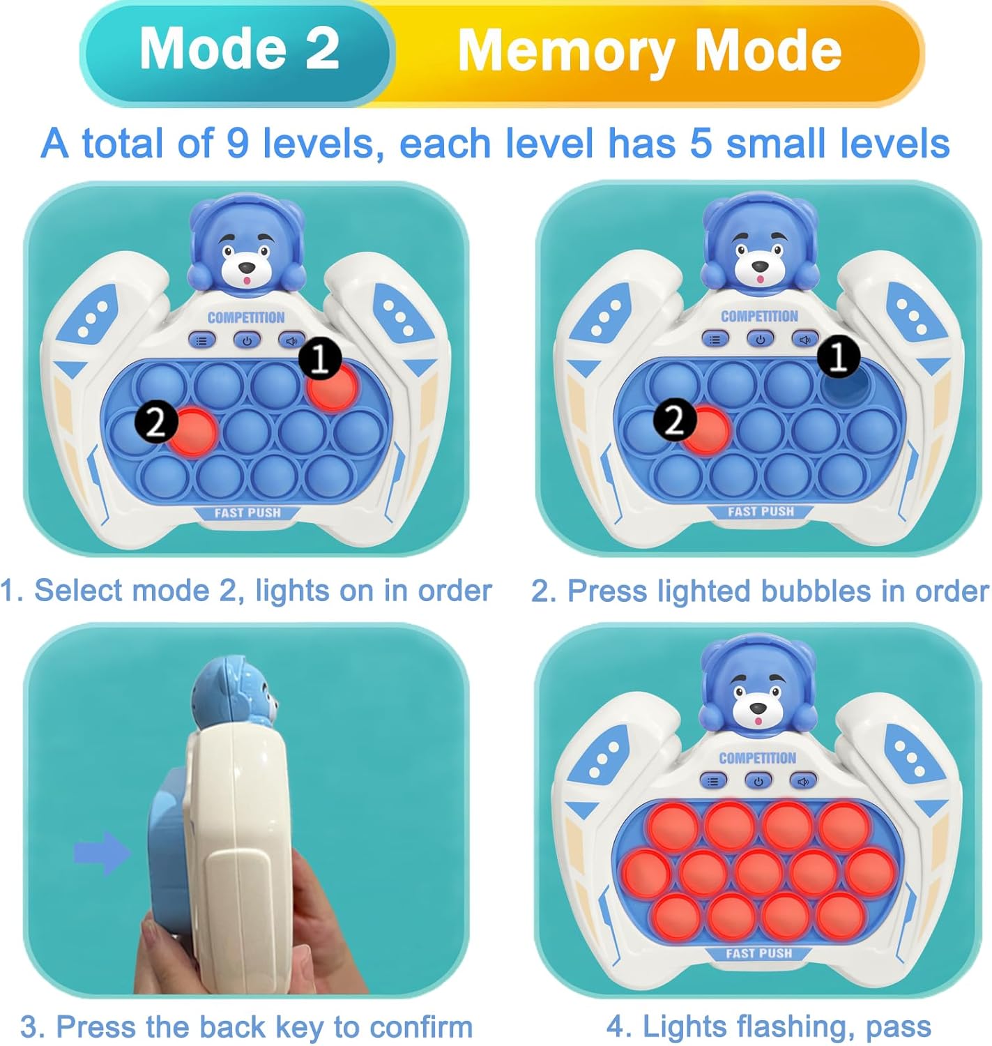 Pop Quick Push Game Console Fidget Toys Light Up Handheld Puzzle Press Popping Toy for Kids Adult Blue Bear