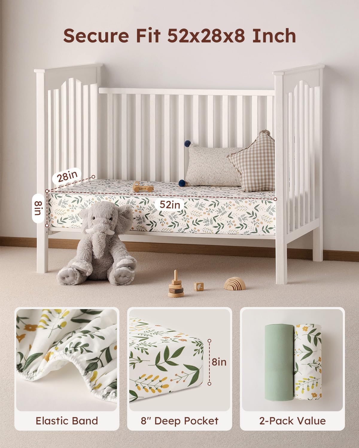 Yoofoss Baby Crib Sheets 2 Pack for Boys and Girls - 52x28 Fitted Crib Sheet Neutral Fits for Standard Crib and Toddler Mattress, Ultra Soft Breathable Microfiber Green Flower