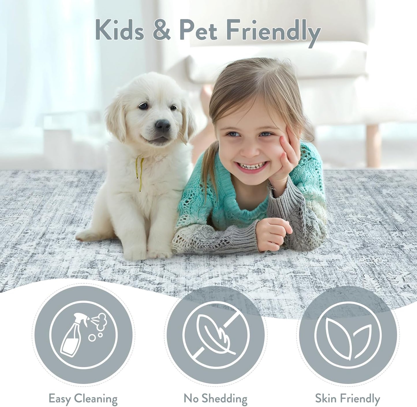 LIVEBOX Washable Area Rug 8x10 Rugs for Living Room Bedroom, Non-Slip Boho Neutral Carpet for Dining Room Office, Low-Pile Farmhouse Soft Carpets for Kids Nursery Room Playroom, Grey