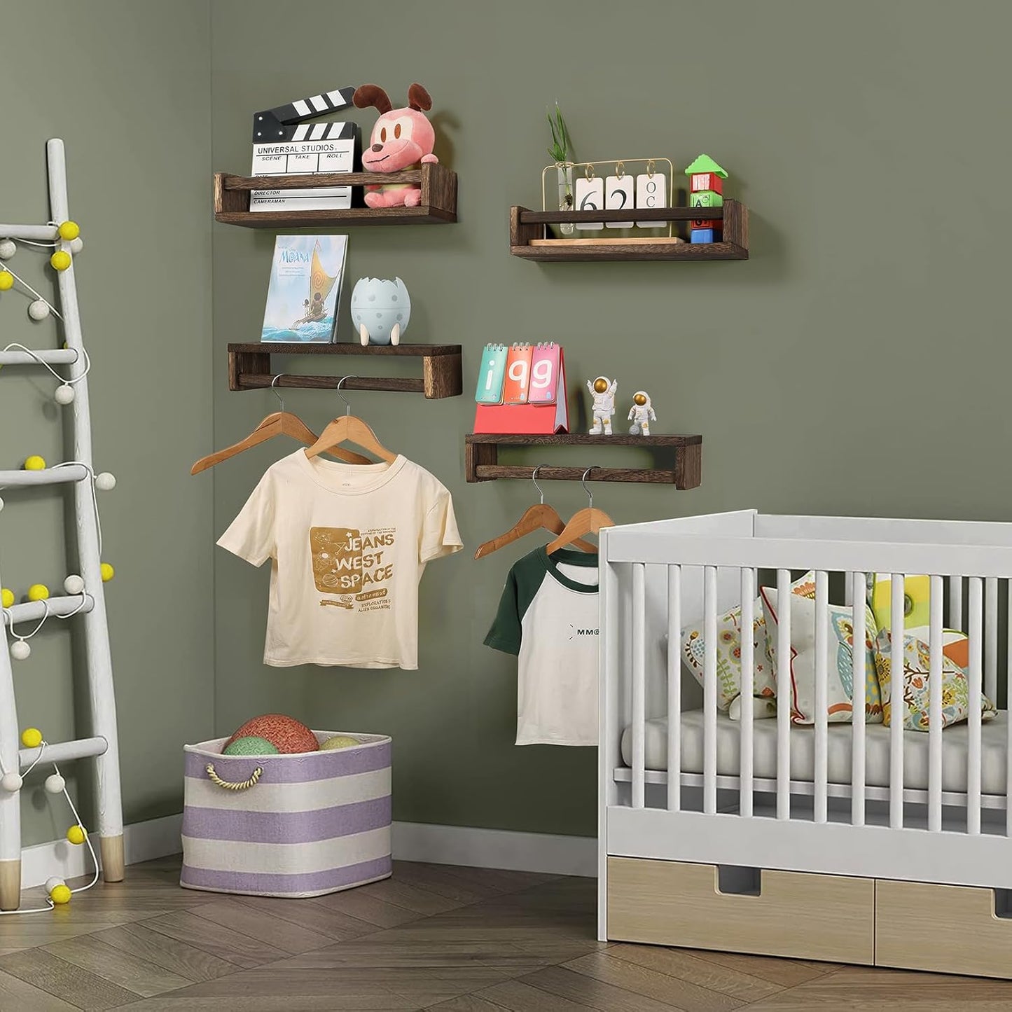 Nursery Room Shelves Set of 4, Wood Floating Book Shelves for Kids Room, Baby Book Shelf for Nursery, Kitchen Spice Rack (Carbonized Brown)