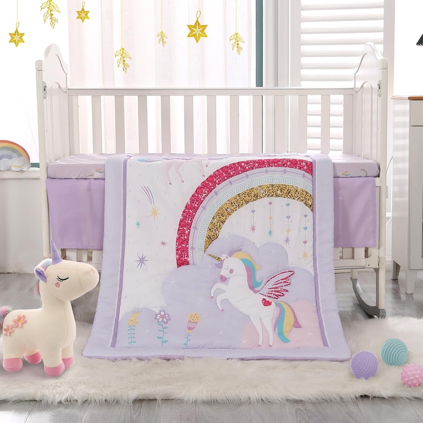 Wowelife Unicorn Crib Bedding Set 3 Pieces Baby Girl Crib Bed Set Crib Comforter Set for Girls Nursery Bedding Set Purple Include Baby Comforter, Skirt and Sheet, Purple