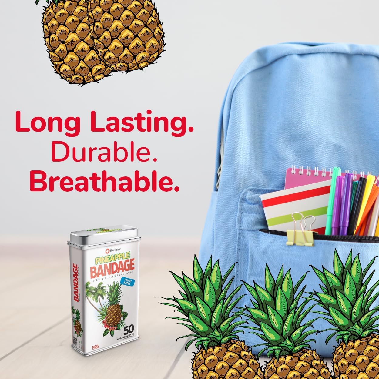 BioSwiss Bandages, Pineapple Shaped Self Adhesive Bandage, Latex Free Sterile Wound Care, Fun First Aid Kit Supplies for Kids, 50 Count