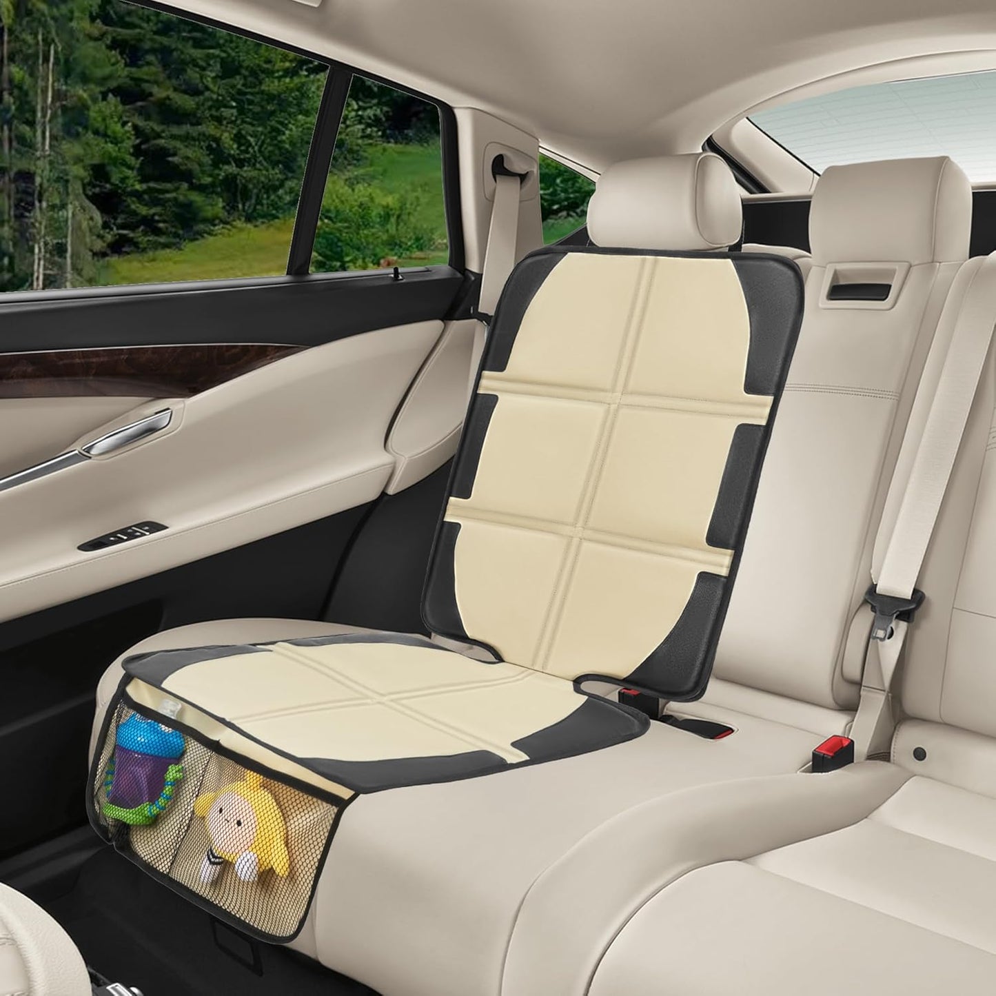 Car Seat Protector for Child Car Seat, 2 Pack Baby Car Seat Covers with Mesh Pockets & Non-Slip Backing 600D Durable Seat Protector Under Baby Car Seat for Car Back Seat (Beige, Large)