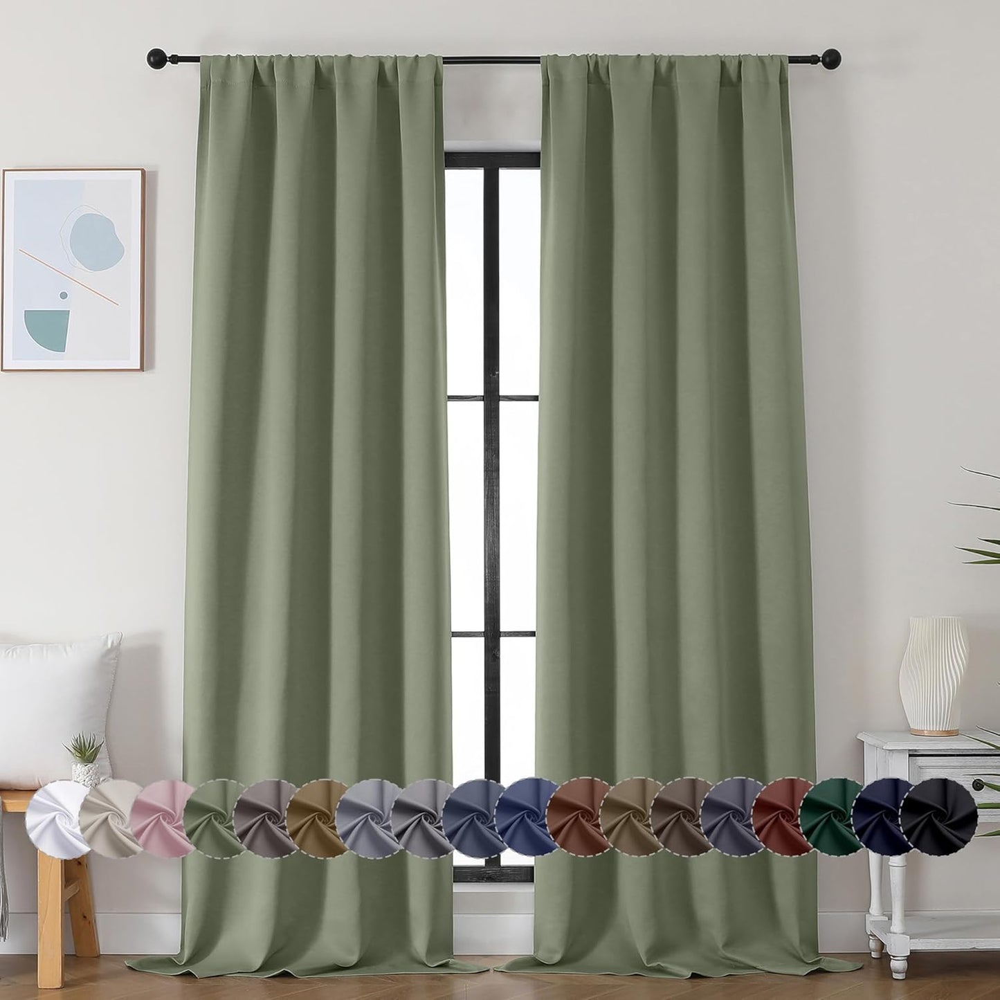 Simplebrand Ava Sage Green Blackout Curtains for Bedroom 96 Inches Long 2 Panels, Solid Thermal Insulated, Energy Saving Living Room Window Treatment Curtains Blackout Drapes, W40 x L96 Inch, Sage