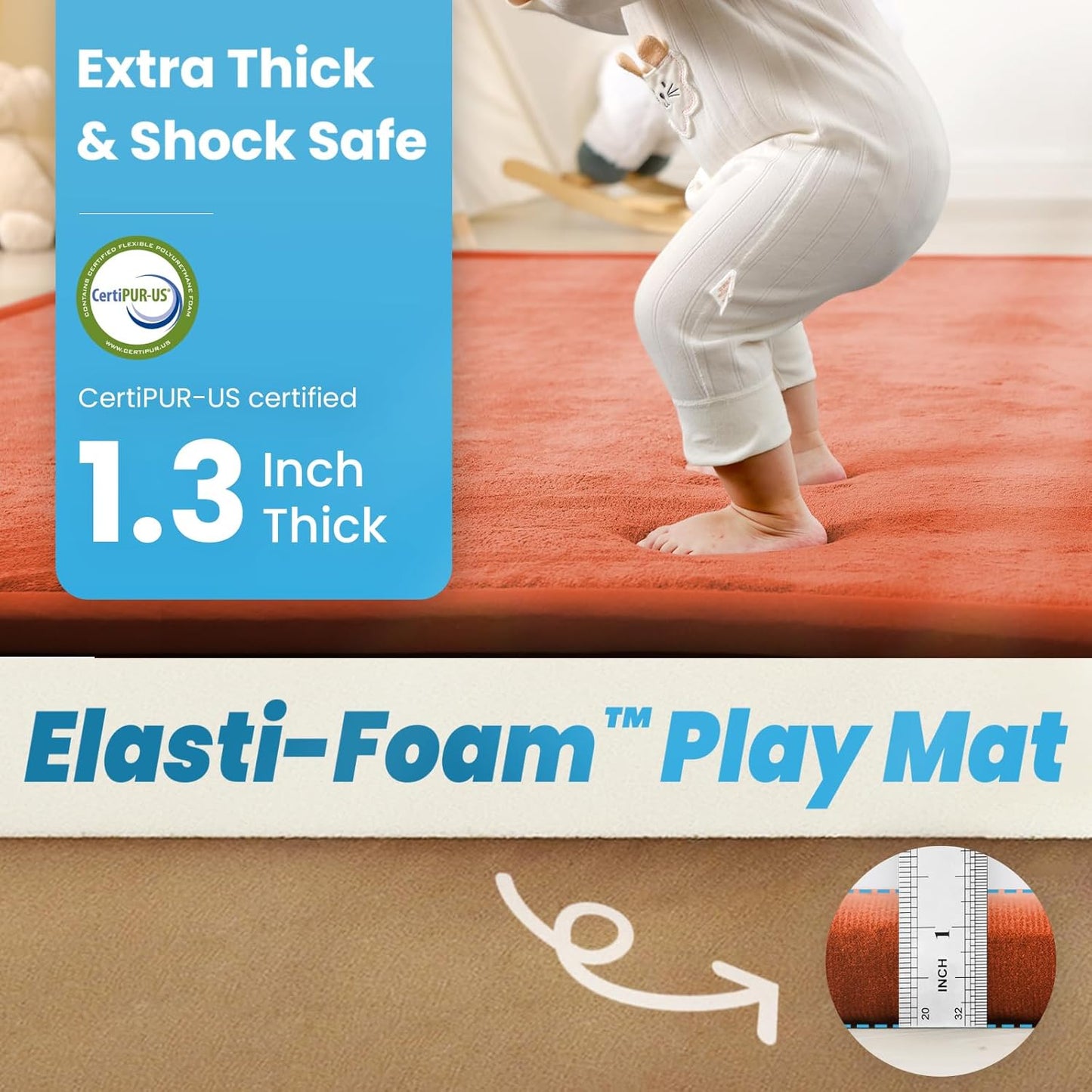 Ultra Soft Baby Play Mat,71"×79" Extra Large Activity Tummy Time Mat for Toddlers,Infants,Kids,1.3" Thick Elasti-Foam Nursery Rug for Floor,Non-Slip Safe for Crawling,Water-Repellent(Brick)