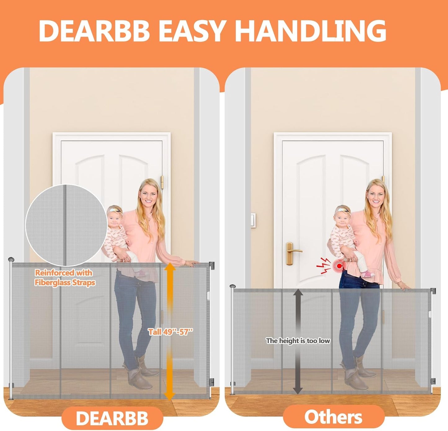 Extra Tall 50'' Reinforced Retractable Mesh Baby Gates with Reinforced Strips,Dog Gate Extends to 79" Wide,Prevents Bottom Drilling Through Baby and Pet,Retractable Pet Gate for Outdoor/Indoor