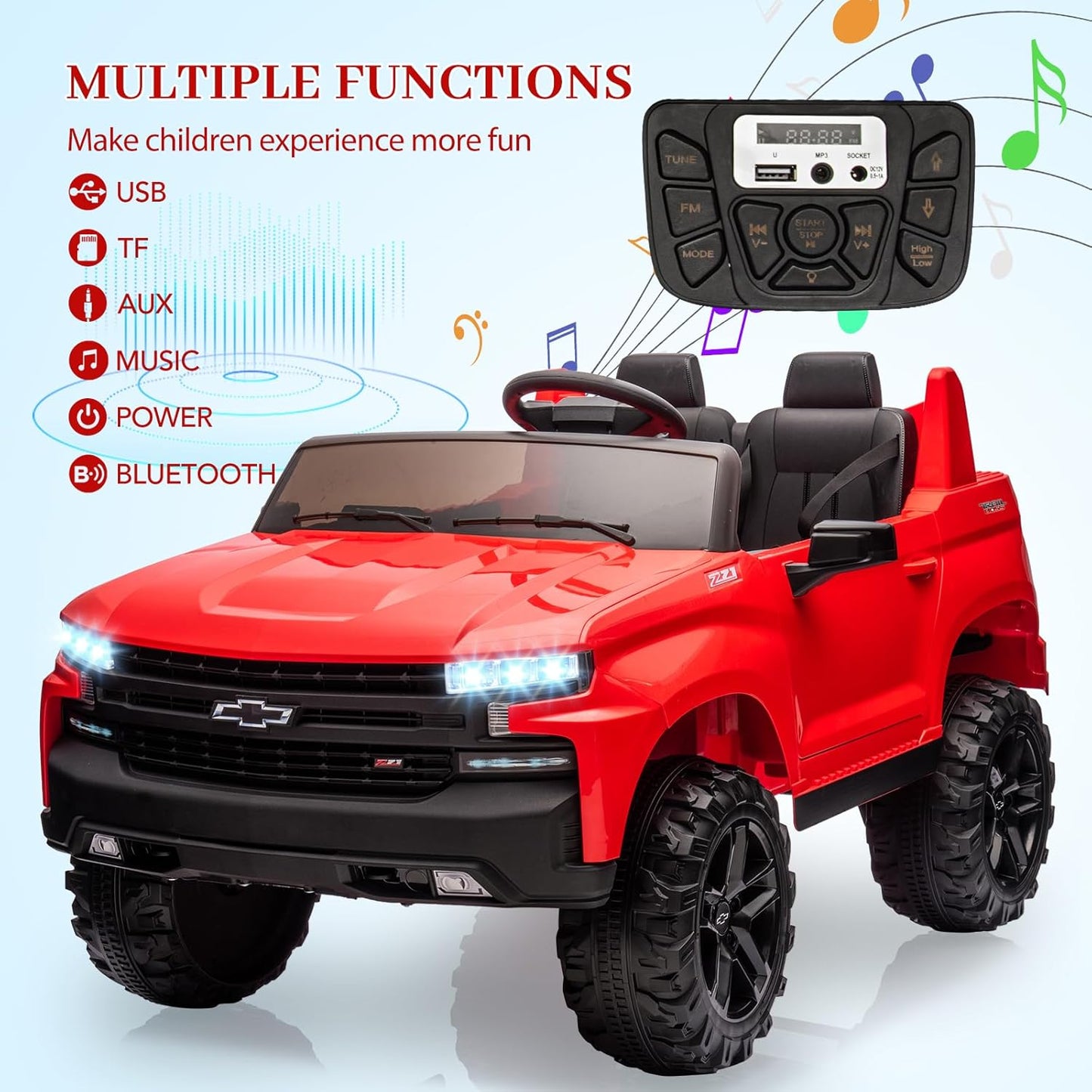 Hetoy 24V 2-Seater Truck Licensed Chevrolet Silverado Ride On Car Toy w/Parent Remote Control,4xSpring Suspension, 3 Speeds, Wireless Music, MP3 Player, Electric Vehicle Car for Kids, Red