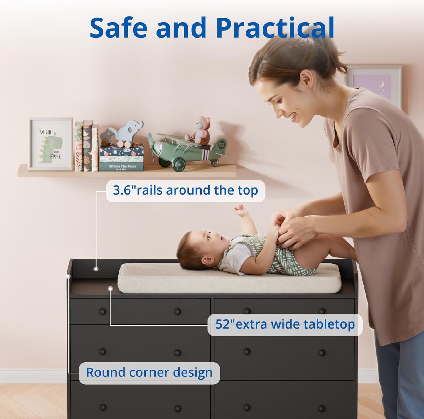 Cozy Castle Baby Dresser with 6 Drawers and Large Table Top, Multi-Functional Chest of Drawer, Drawer Dresser with Three-Sided High Rails for Nursery, Children's Room, Bedroom, Black