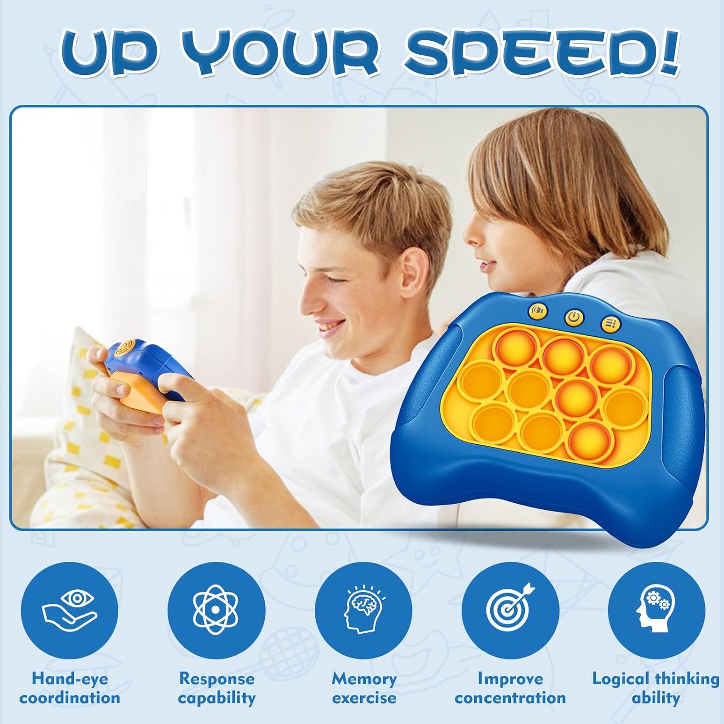 Quick Push Bubble Game for Kids 3+, Electronic Quick Push Game Console, 4 Modes Push Pop Game Christmas Birthday Gifts for Boys Girls Adults, Light-Up Interactive Educational Sensory Fidget Toy, Blue