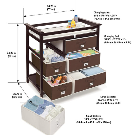 Badger Basket Modern Baby Changing Table with 6 Storage Drawers and Pad, Diaper Change Station - Espresso