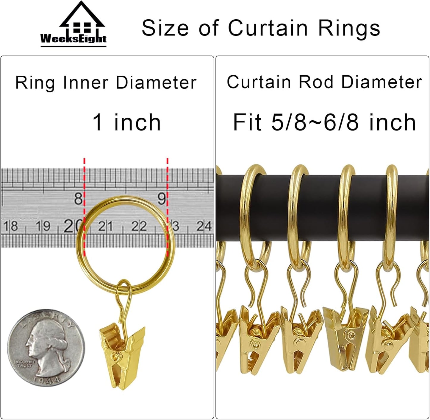 100 Pack Gold Curtain Rings with Clips, Curtain Hooks Hangers Clip Rings for Hanging Drapes Bows Hat, Drapery Rings 1 in I D, Fits up to 5/8 in Diameter Curtain Rod.
