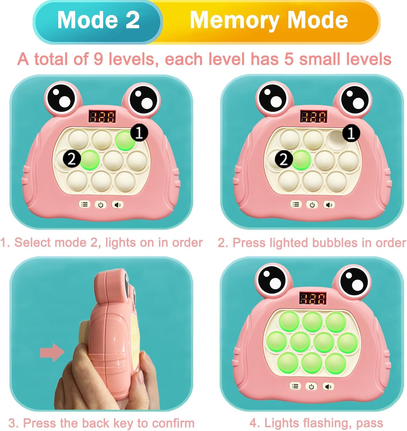 Pop Quick Push Game Light Up Fidget Toys Handheld Puzzle Press Popping Game Console for Kids Ages 3+ Adult Pink Frog