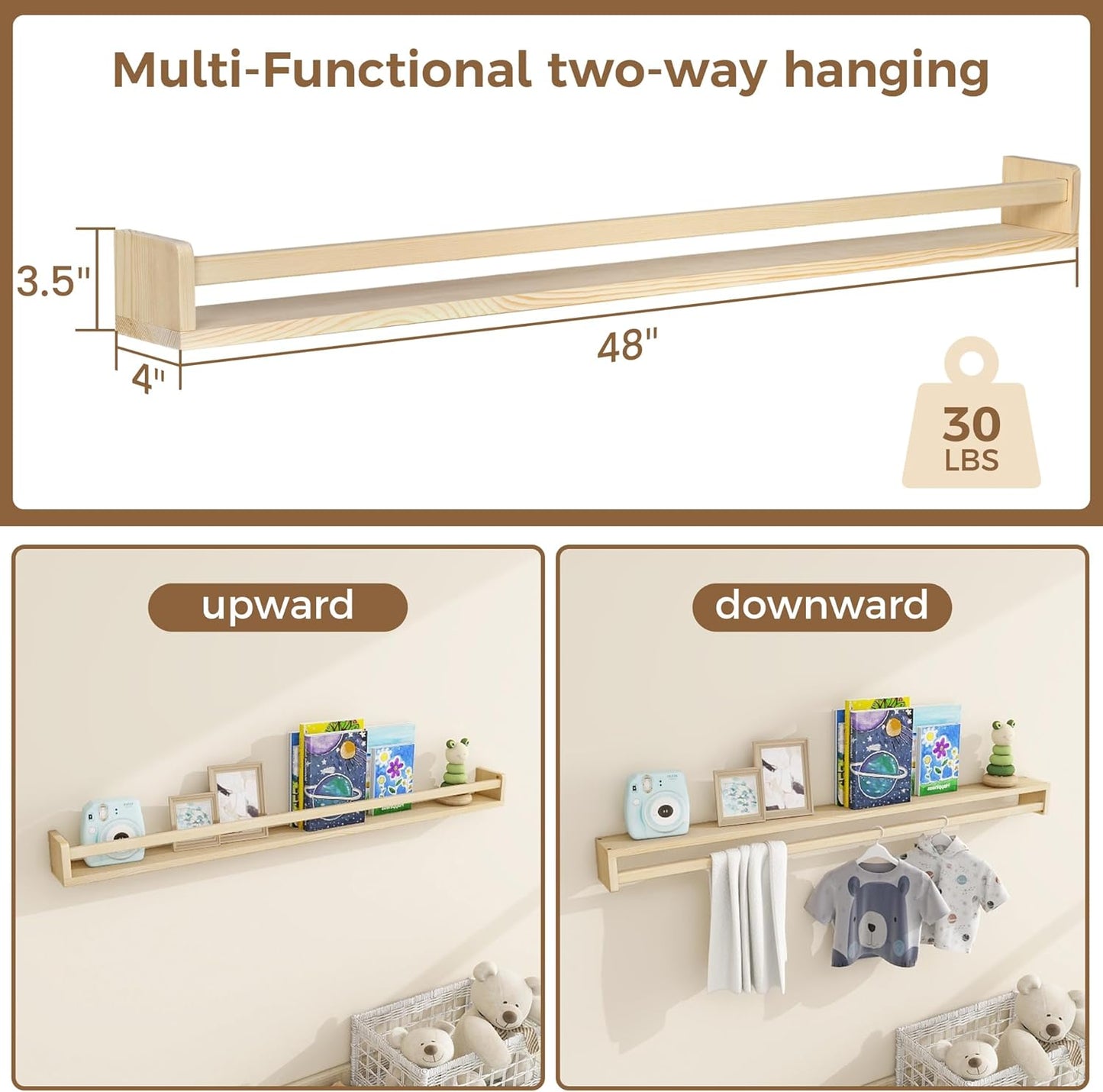 Fun Memories Nursery Book Shelves - Rustic Natural Solid Wood Floating Bookshelf for Kids - Wall Book Shelves for Kids Room (Natural, 48inch - 2P)