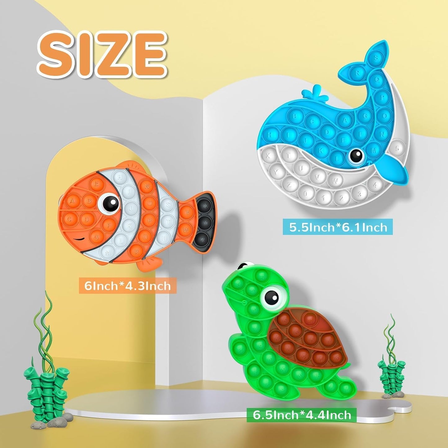 3 Pack Push Bubble Fidget Sensory Toys, Sensory Fidget Poppers Push Bubble Toy, Silicone Squeeze Autism Anxiety Stress Relief Educational Popping Toys for Kids Adults - Clown Fish, Whale