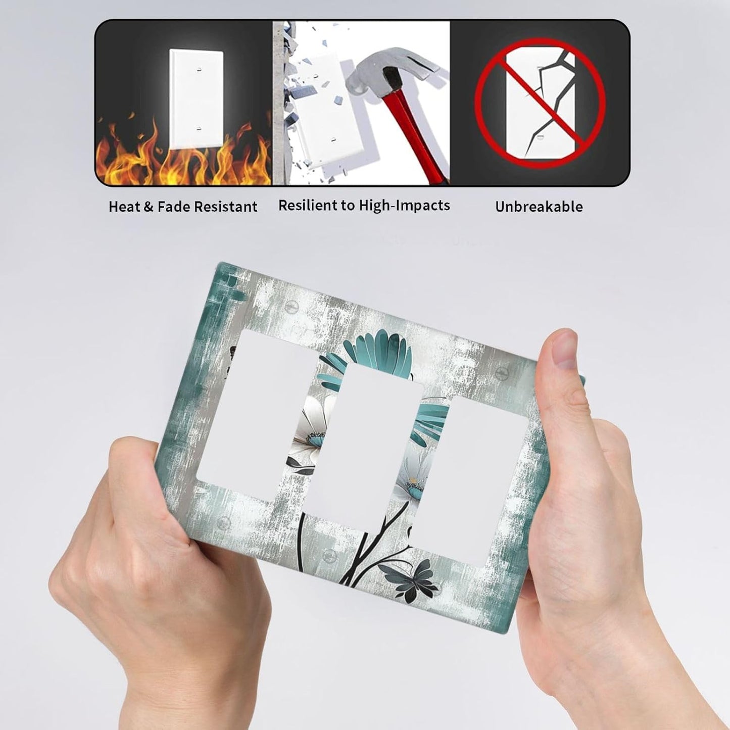 Light Switch Covers Rustic Teal Daisy Floral Flowers Butterfly Wood Grain 3 Gang Rocker Electrical GFCI Decorative Triple Outlet Wall Plate Cover Switchplate for Bathroom Bedroom Decor