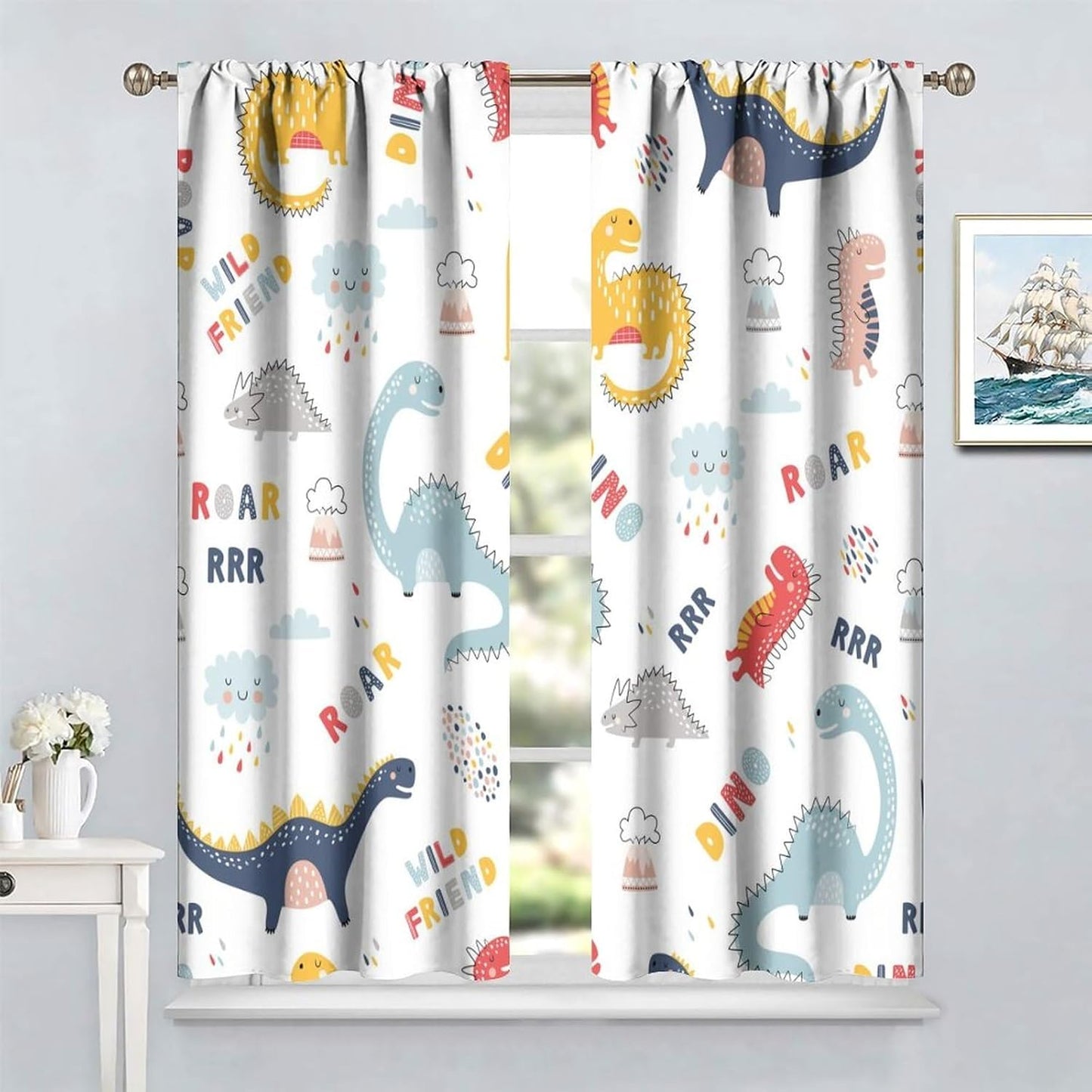 Cartoon Dinosaur Curtains for Kids Boys Girls Home Decor Colorful Cute Dino Animals Print Pattern Rod Pocket Blackout Window Drapes for Nursery Baby Bedroom Playroom W21xL54in 2 Panels