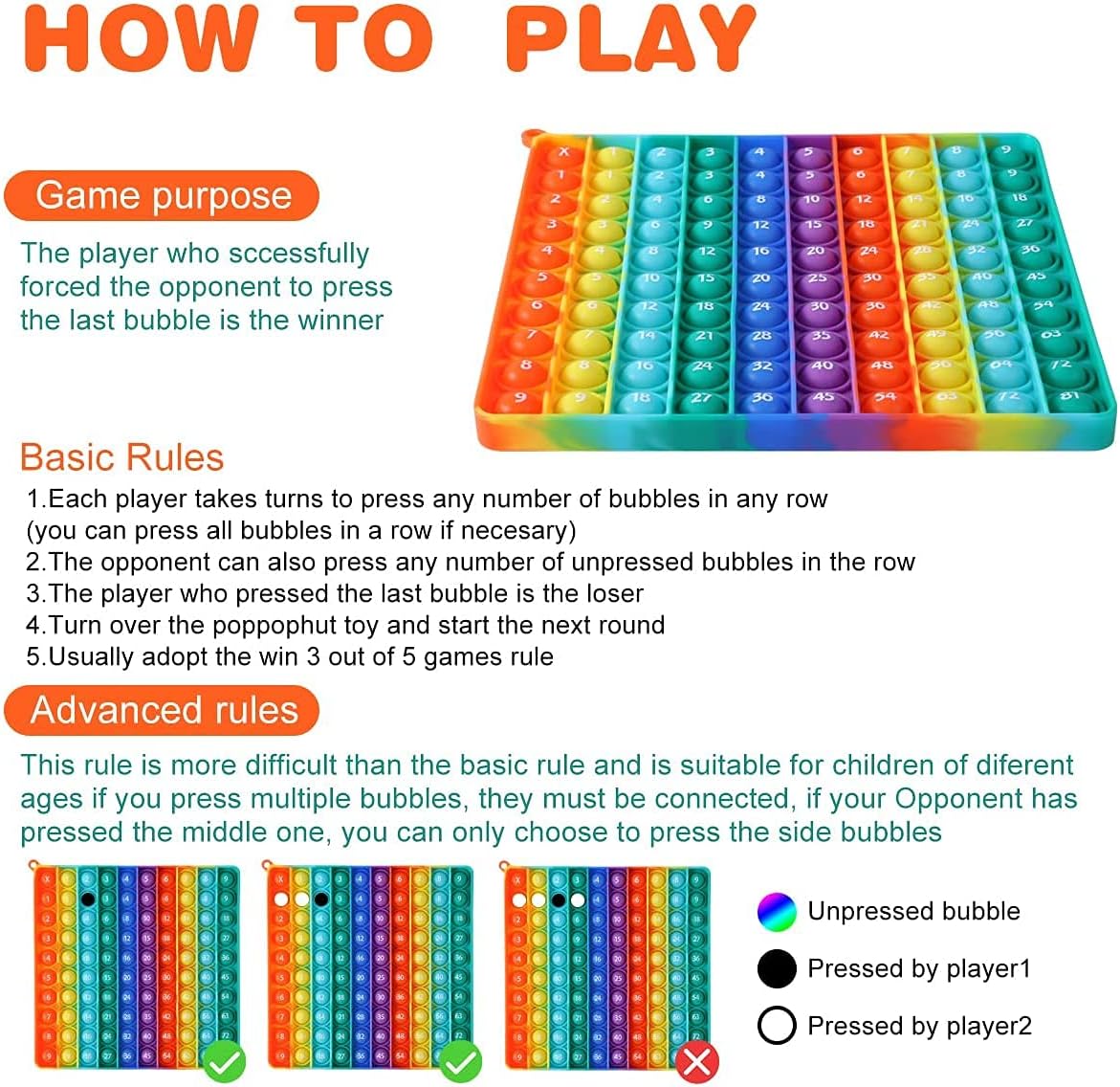 Large P0pp with Numbers, Rainbow Square Dimples Fidgett Ttoy 100 Bubble Math Toy Learning Tool for Teachers to Make Various Math Operations (1-100 Numbers)