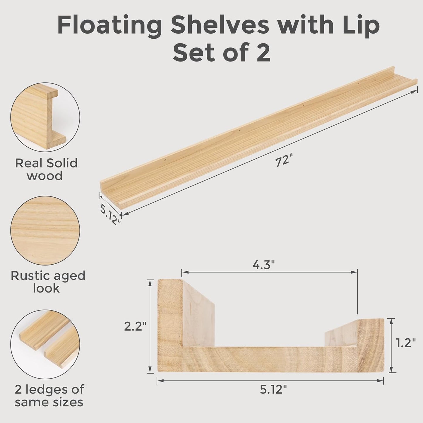 Picture Ledge Shelf, Floating Shelves Set of 2, 72 Inches Long Large Nursery Book Shelves for Toys Storage, Kids Bookshelf Wall Mounted for Living Room Bedroom Decor Books Photo Frames, Natural