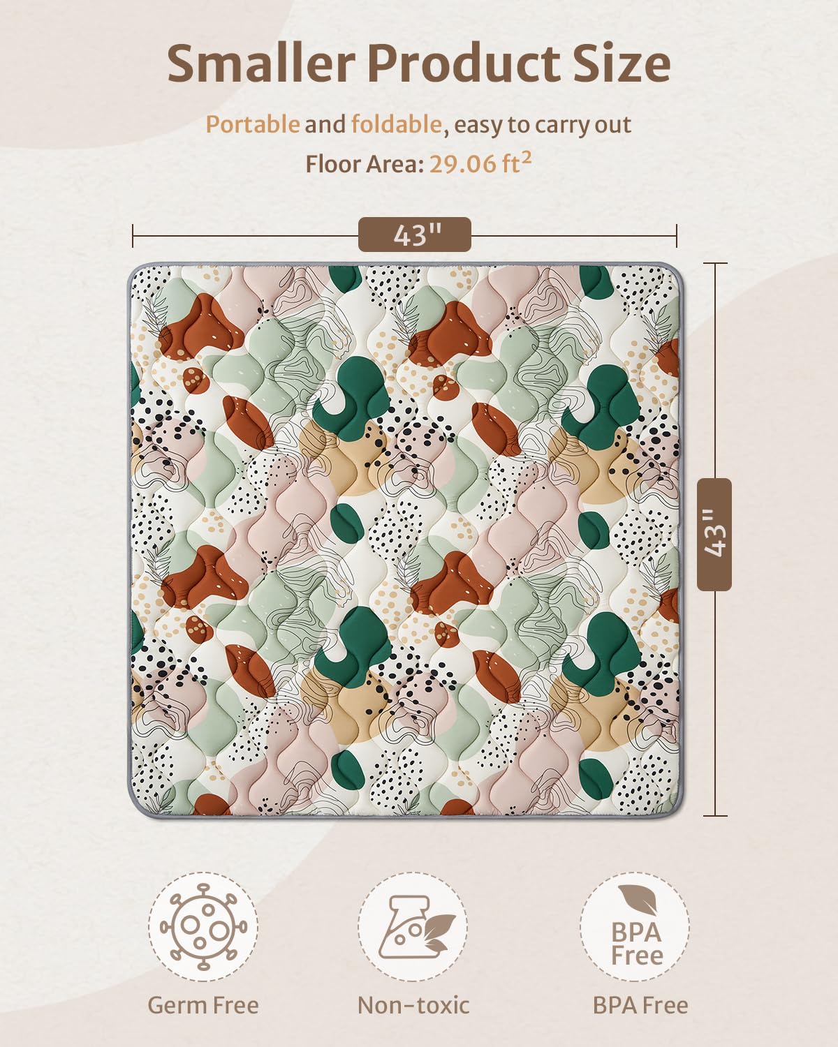 Blissful Diary Portable Baby Play Mats for Floor, Thicken Cushioned Foldable Baby Crawling Mat for Indoor Outdoor, Modern Abstract 43" X 43"