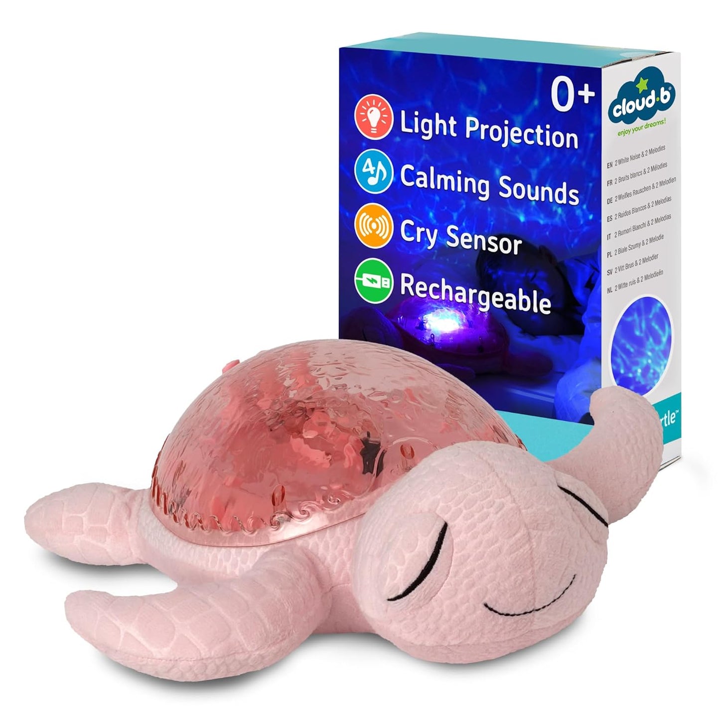 ﻿﻿Cloud b Ocean Projector Nightlight with 2 White Noises & 2 Soothing Sounds | Adjustable Settings | Cry Sensor | Tranquil Turtle - Pink (Rechargeable)