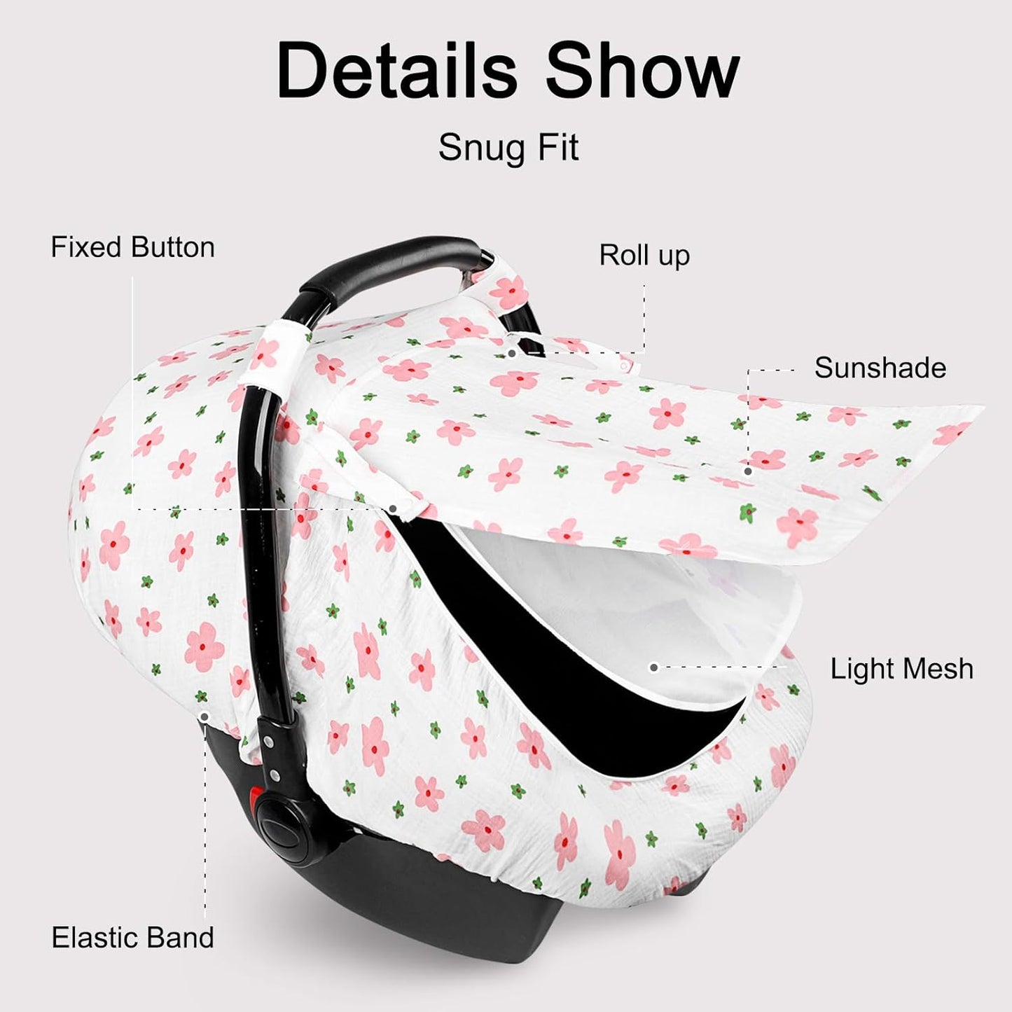 Hooyax Muslin Car Seat Cover Baby - Breathable and Privacy Car Seat Canopy with 3 Modes - Easy Install & Gift Box Packaging, Universal Fit for Infant Car Seats, Pink Flower