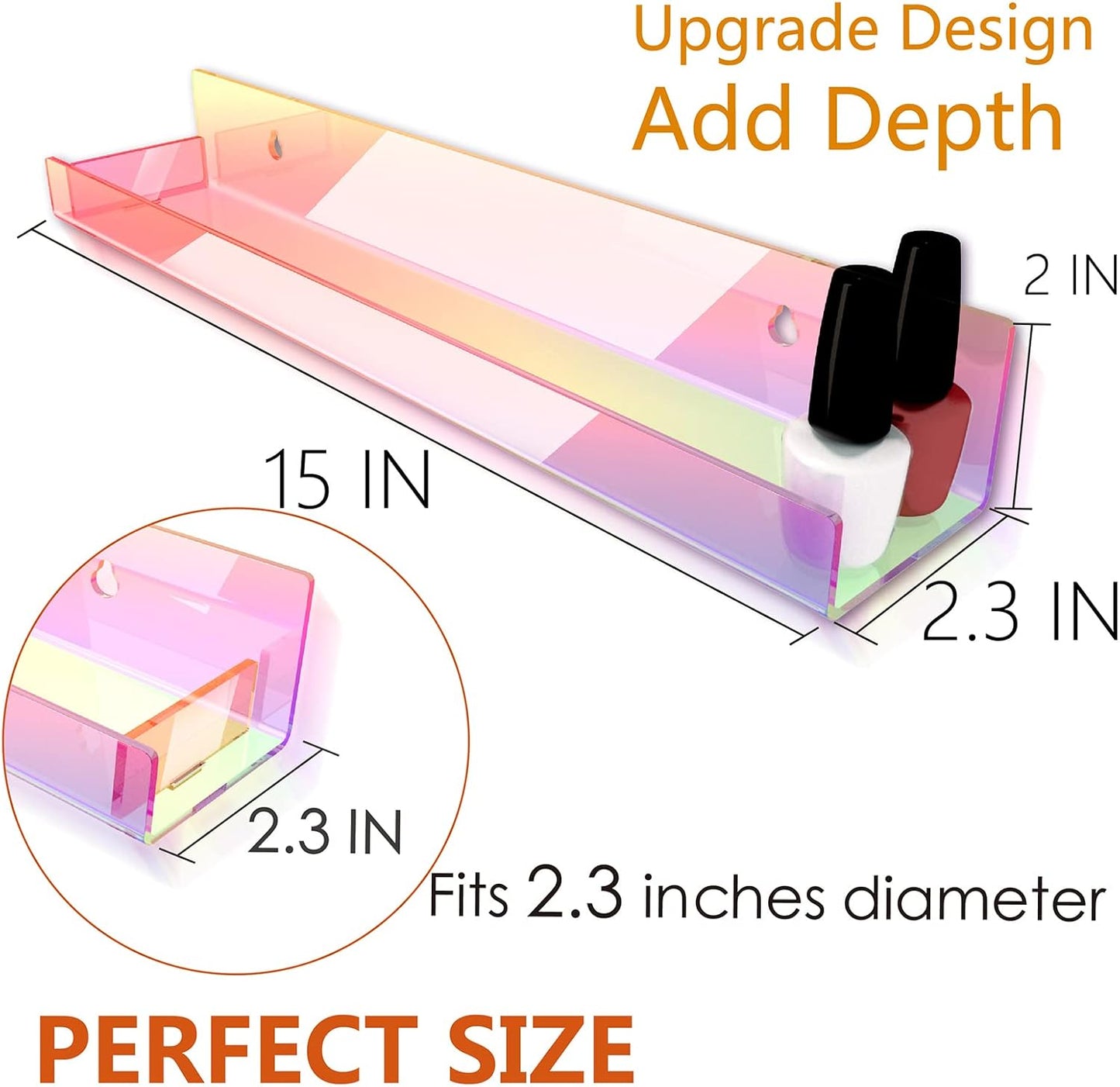 8 Pack 15 Inch Iridescent Acrylic Shelves, Clear Rainbow Kids Floating Bookshelf for Kids Room, Modern Sunglasses Essential Oil Picture Ledge Display Toy Storage Wall Shelf