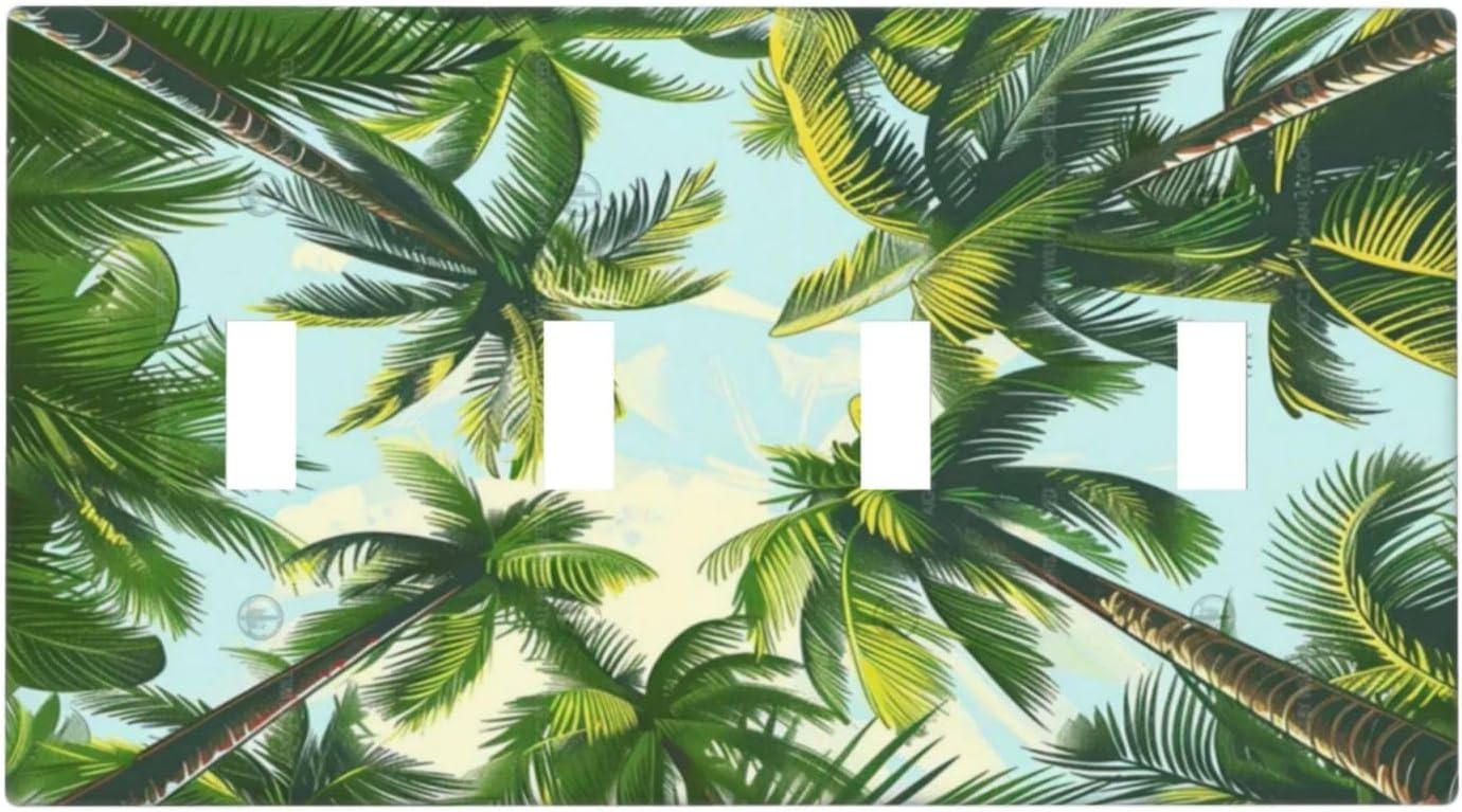 Summer Sky Coconut Palms Trees Green Plants Leaf Light Switch Covers Quad Toggle Electrical Faceplate 4 Gang Wall Plate Decorative Switch Plates for Bed Room Living Room Decor