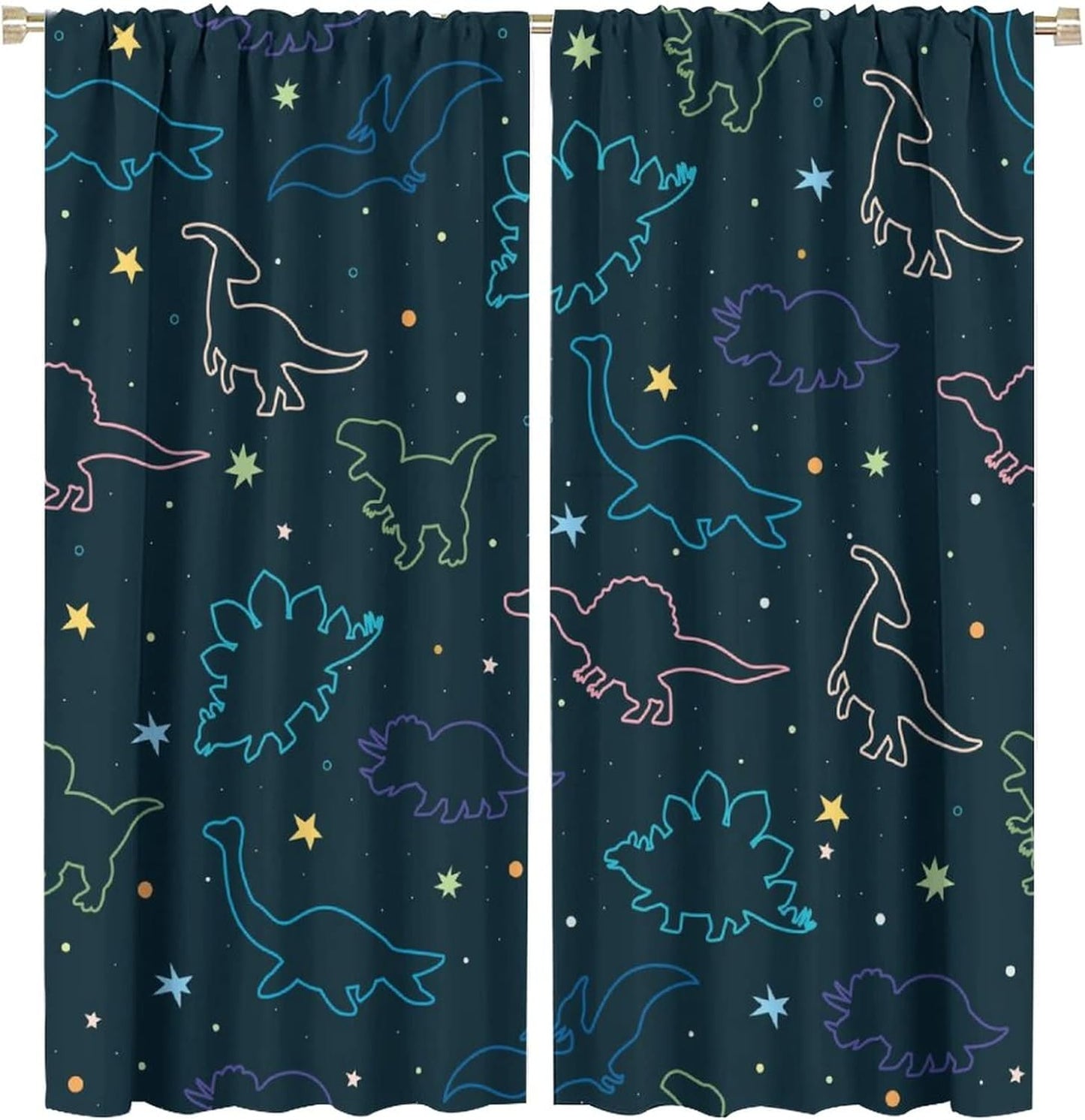 Cartoon Colorful Dinosaur Curtains for Kids Boys Girls Home Decor, Astronaut Funny Outer Space Star Blackout Rod Pocket Window Drapes for Bedroom Living Room W31.5xL72in 2 Panels