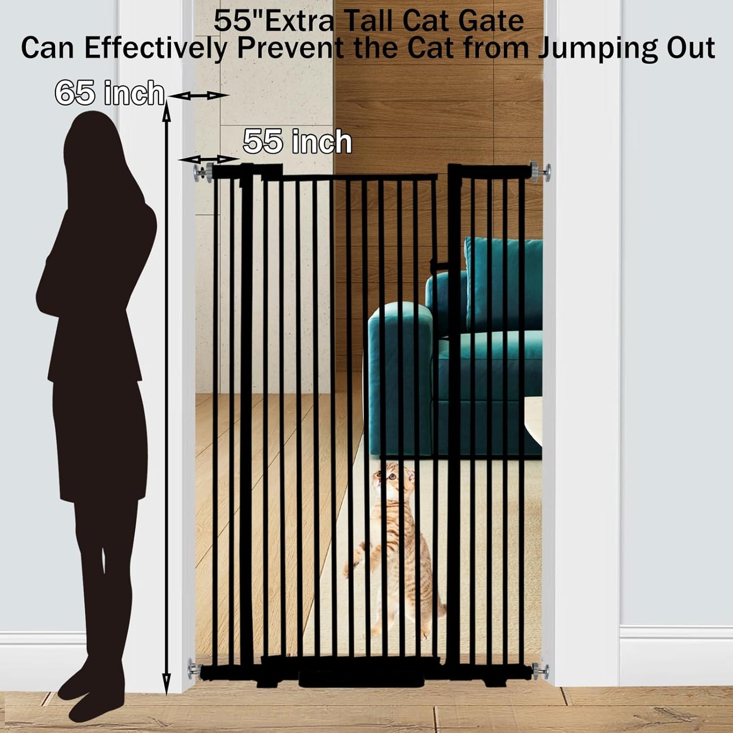55.1 Inch Tall Baby Gate Auto Close Dog Gate Adjustable 29.92" - 43" Wide Pressure Mounted Walk Through Swing Pet Gate for Doorways (Black, 29.92" - 43")