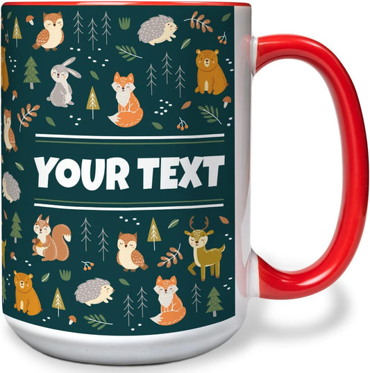 Personalized Mug for Kids - Woodland Animals - Custom Name/Text, Ceramic Hot Chocolate/Cocoa/Coffee Cup for Boys/Girls, Birthday/Christmas/Holiday Gift - 15 oz, Red Handle