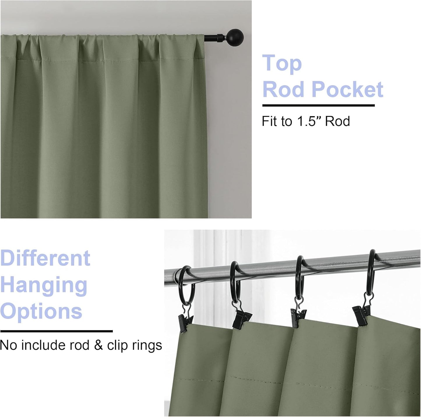 Simplebrand Ava Sage Green Short Blackout Curtains for Bedroom 54 Inches Long 2 Panels Set, Solid Thermal Insulated, Energy Saving Window Treatment Curtains Blackout Drapes, W40 x L54 Inch, Sage Green