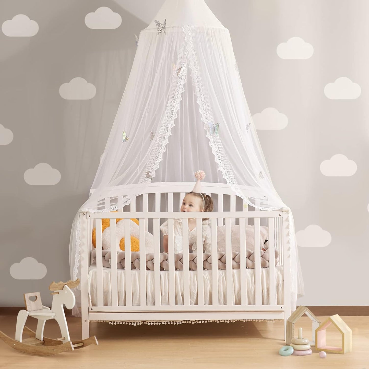 Kids Bed Canopy with Lace Hanging Canopy Net for Baby Crib Nook Castle Game Tent Nursery Play Room Decor (Butterfly)