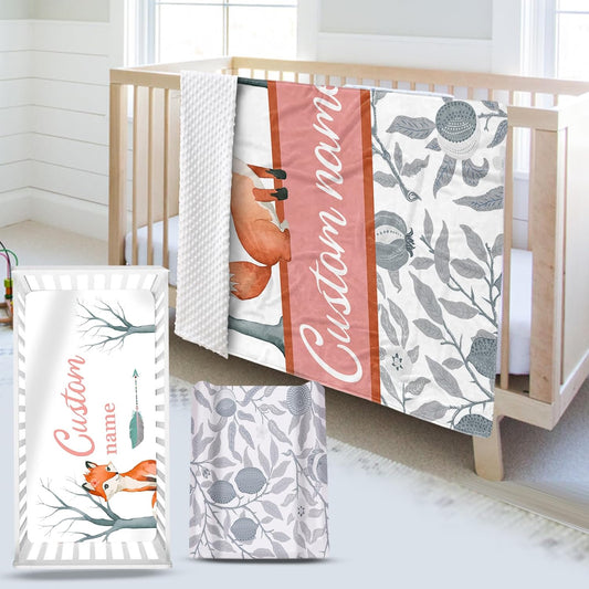Custom Name Crib Bedding Set - Fox Theme, Personalized Nursery Bedding 3-Piece Set– Soft Blanket, Fitted Sheet, Changing Pad Cover – for Newborns Girls Nursery Gifts