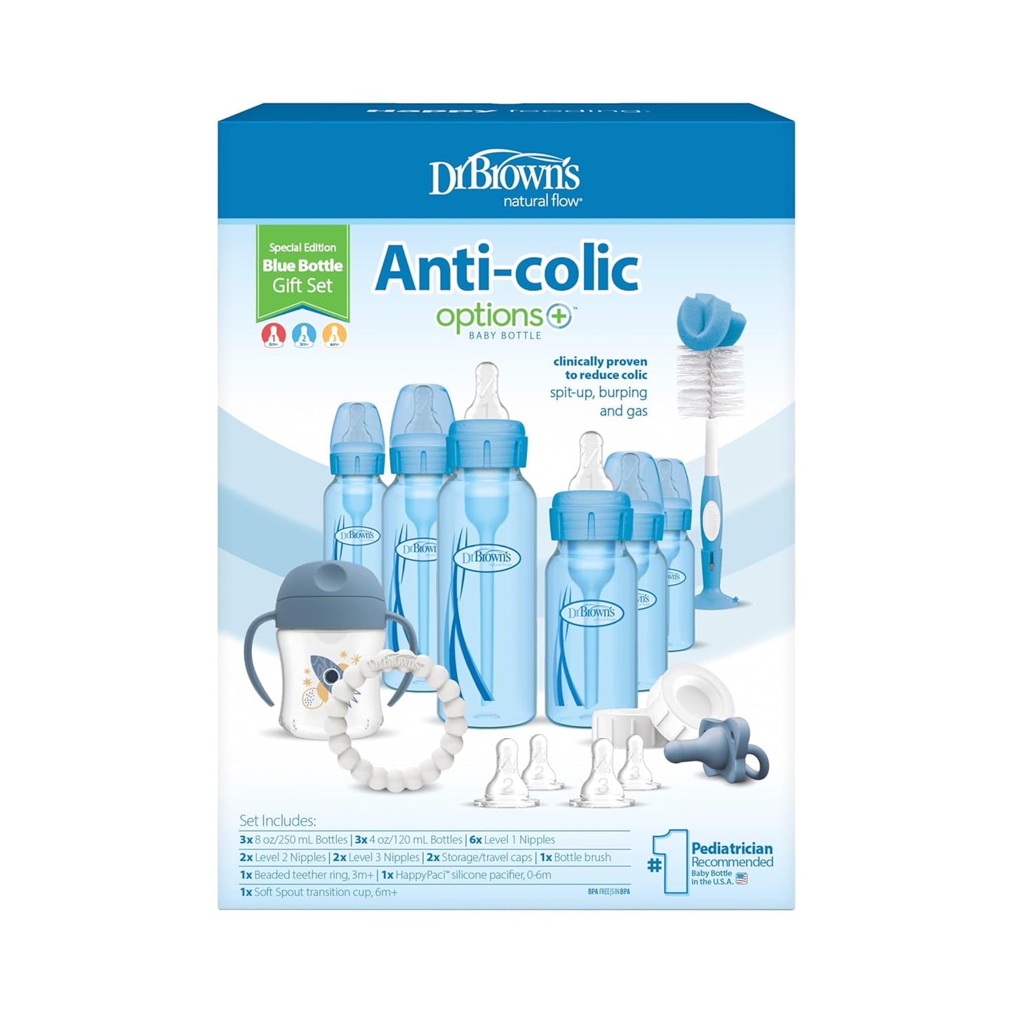 Dr. Brown's Natural Flow Anti-Colic Options+ Special Edition Blue Baby Bottle Gift Set with Soft Sippy Spout Transition Cup, Flexees Teether, Bottle Cleaning Brush and Travel Caps