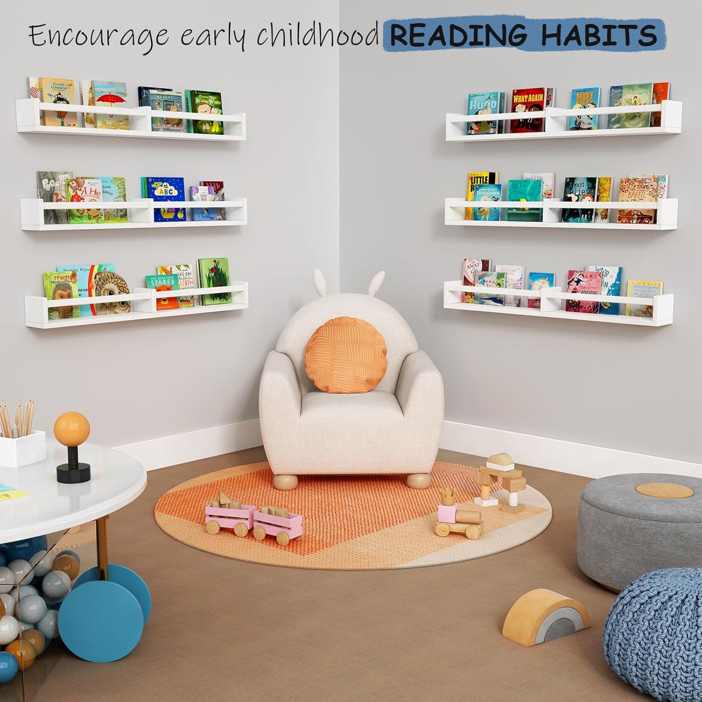 Large Nursery Book Shelves Wall Mounted for Kids Room, White Floating Nursery Bookshelf for Baby Girls Boys Bedroom, Toddler Kid Book Shelf for Classroom Library (32 Inch Long Set of 3)