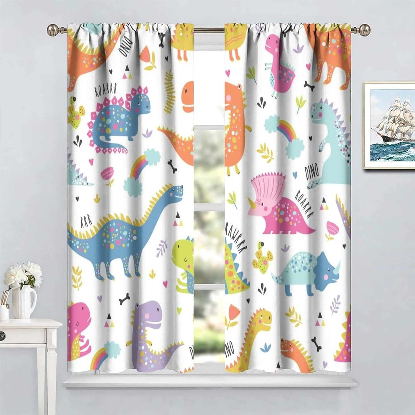 Cartoon Dinosaur Curtains for Kids Boys Girls Home Decor Childish Cute Dino Animals Print Pattern Rod Pocket Blackout Window Drapes for Nursery Baby Bedroom Playroom W21xL63in 2 Panels