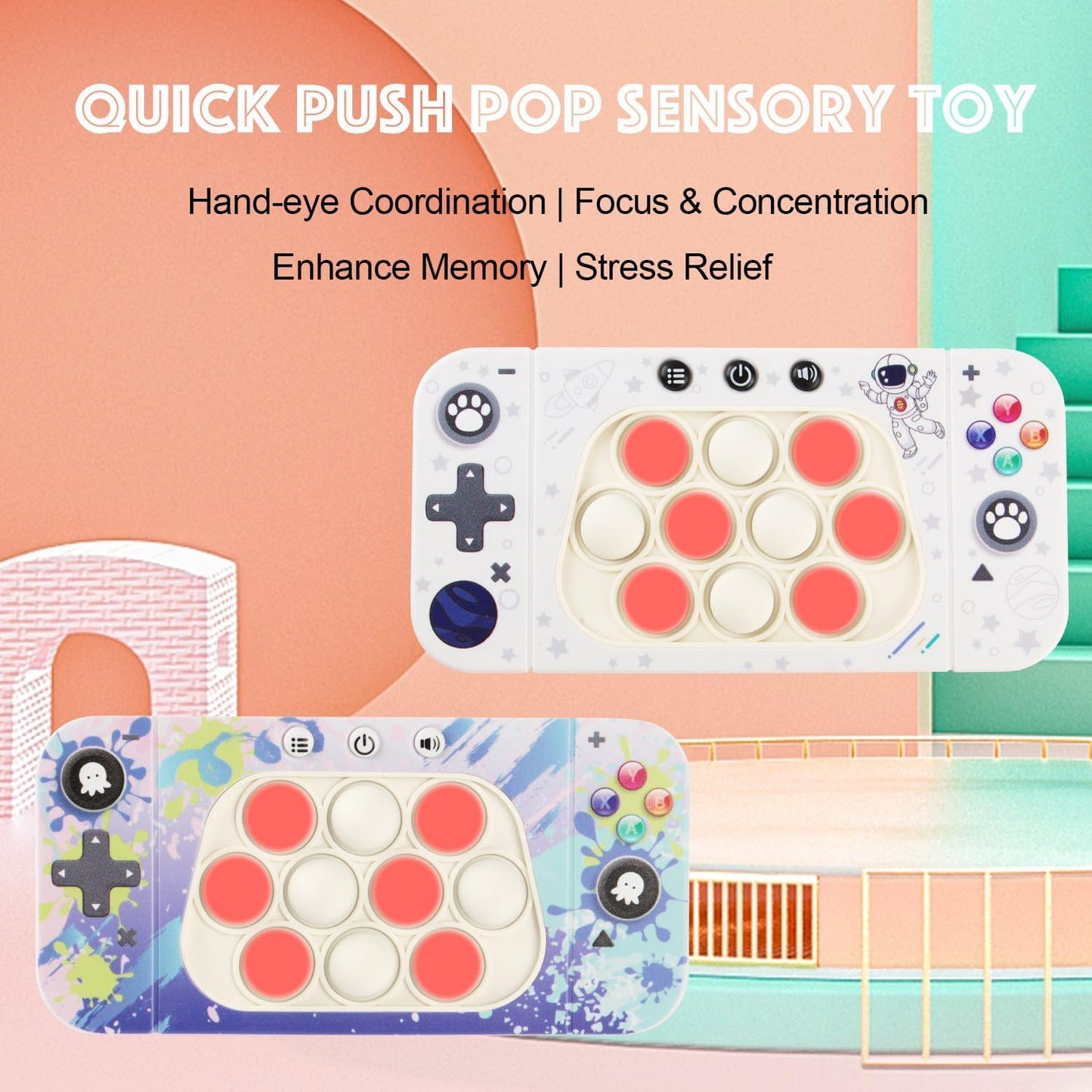 Quick Push Bubbles Pop Fidget Toy It Game, Fast Push Light Up Pop Interactive Sensory Toy, Fast Push Button Game for Kids Adult, Stress Relief Handheld Game Present Toy for 3 4 5 6 7 Year Boy Girl